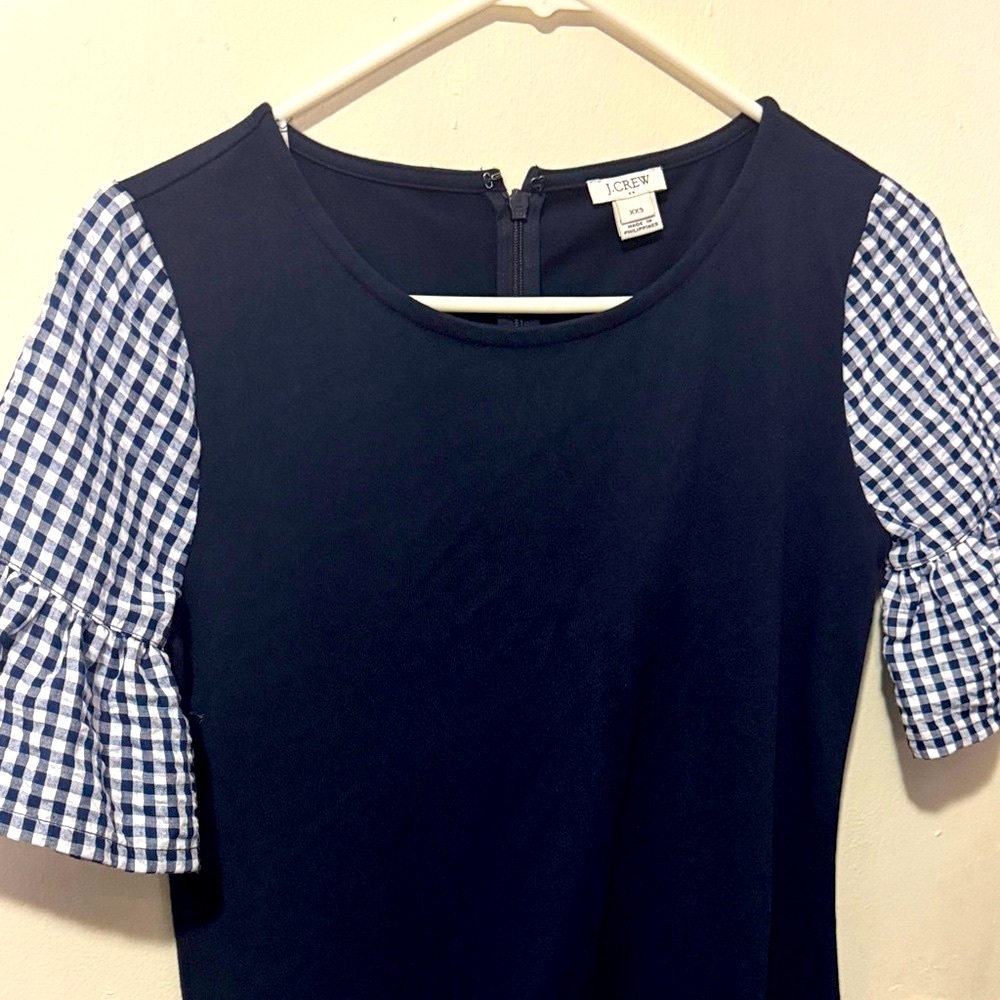 J. Crew Navy Dress with Gingham Ruffle Sleeves - Picture 4 of 7
